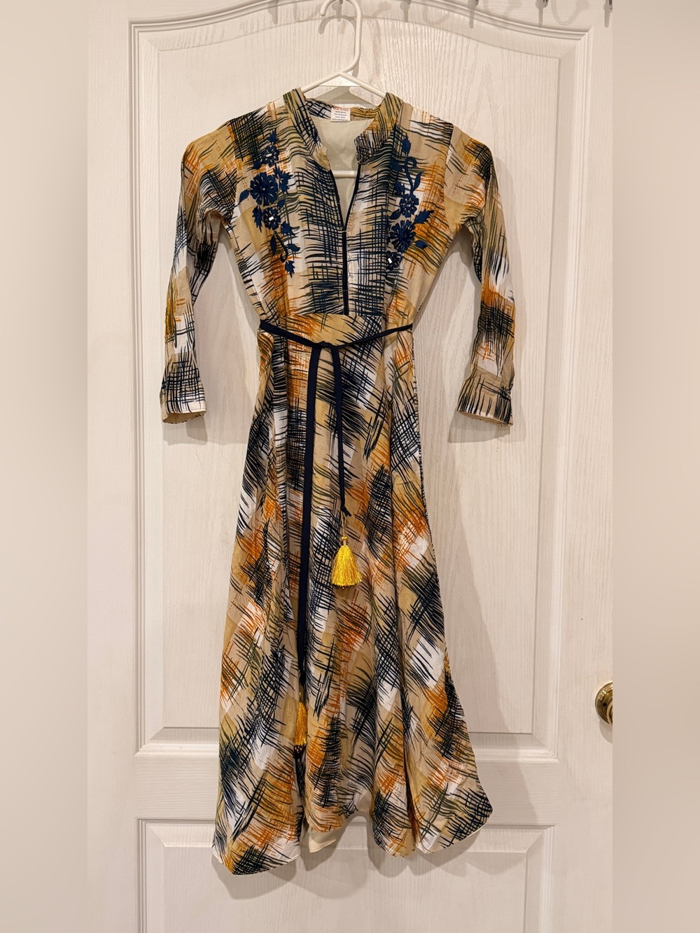 Indian Brand Sarrah Embroidered Mustard and Navy Maxi Dress with Waist Tie
